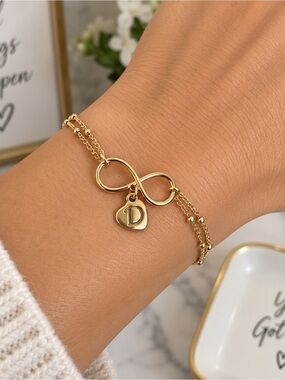 Gold Tone Infinity Bracelet with D Initial Charm Layered Chain